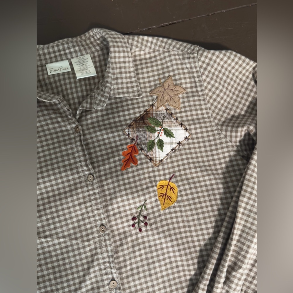 Bobbie Brooks LadiesButton Up Plaid Shirt Fall Leaf Embroidery 100% Cotton Sz XL - Picture 3 of 10
